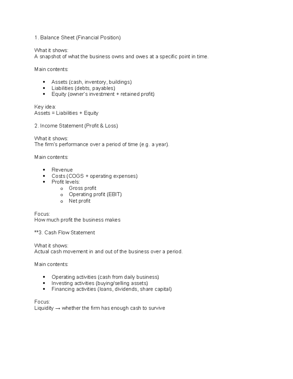 Financial Analysis Notes: Balance Sheet, Income & Cash Flow Statements ...