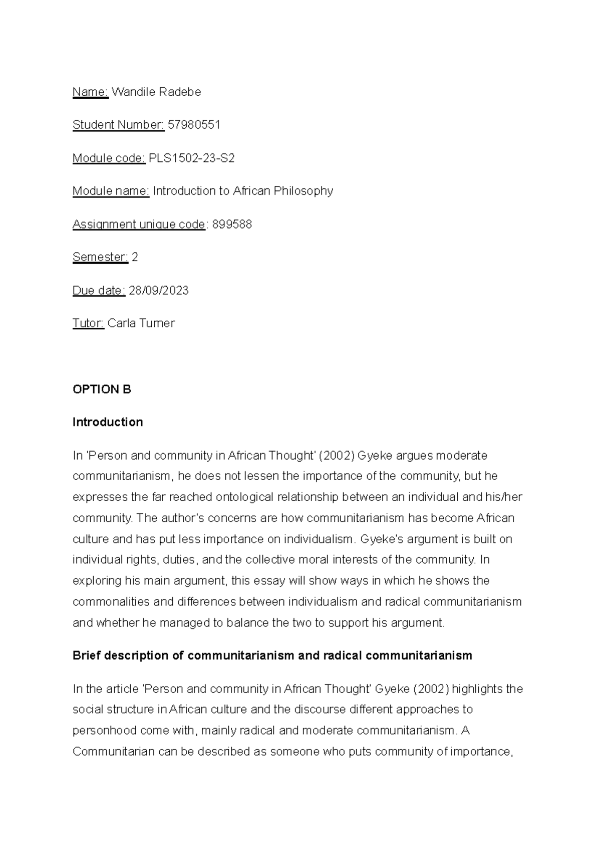 Introduction to African Philosophy: Assignment on Communitarianism ...