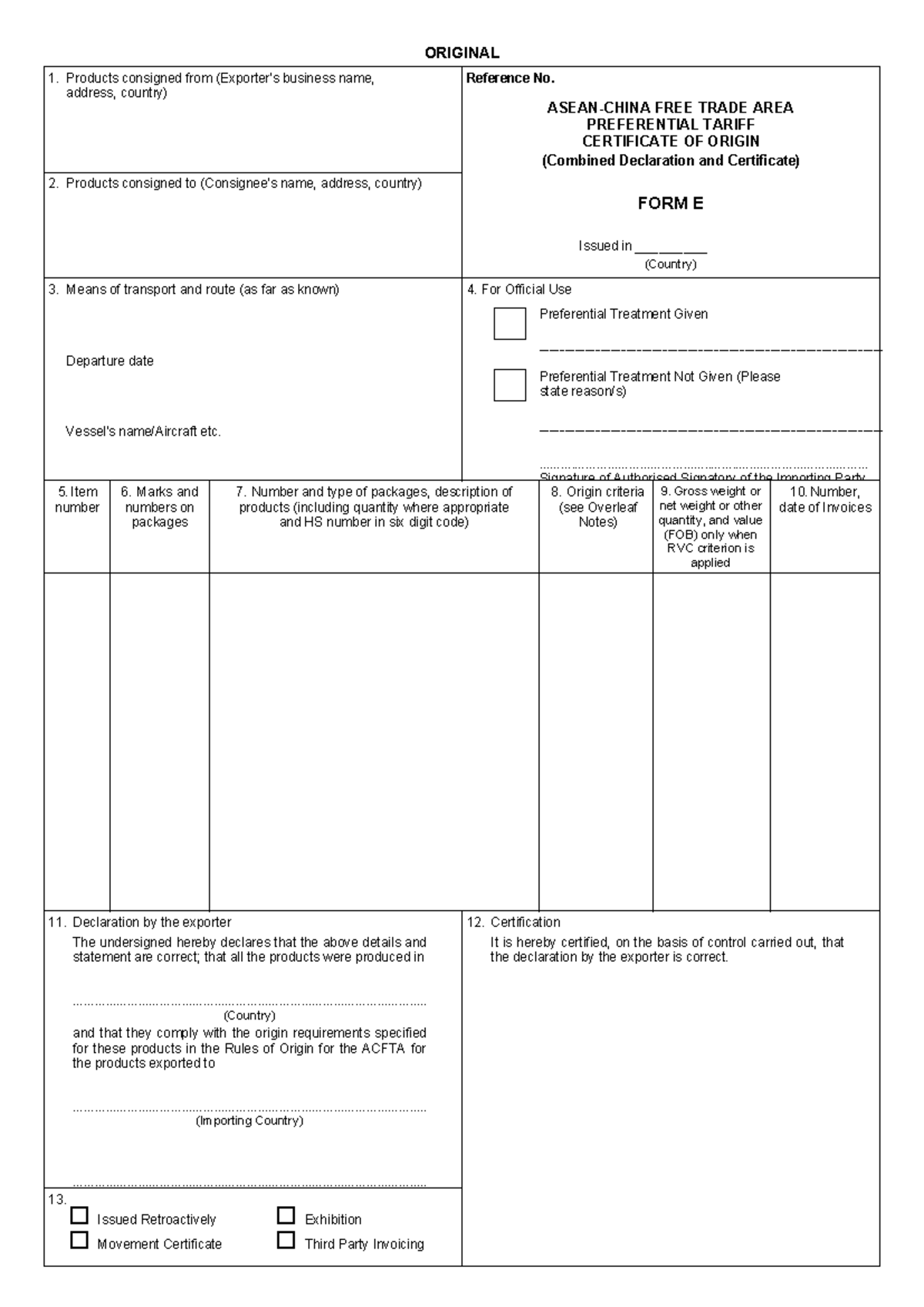 Form E - Free Trade Area Preferential Tariff Certificate (Original ...