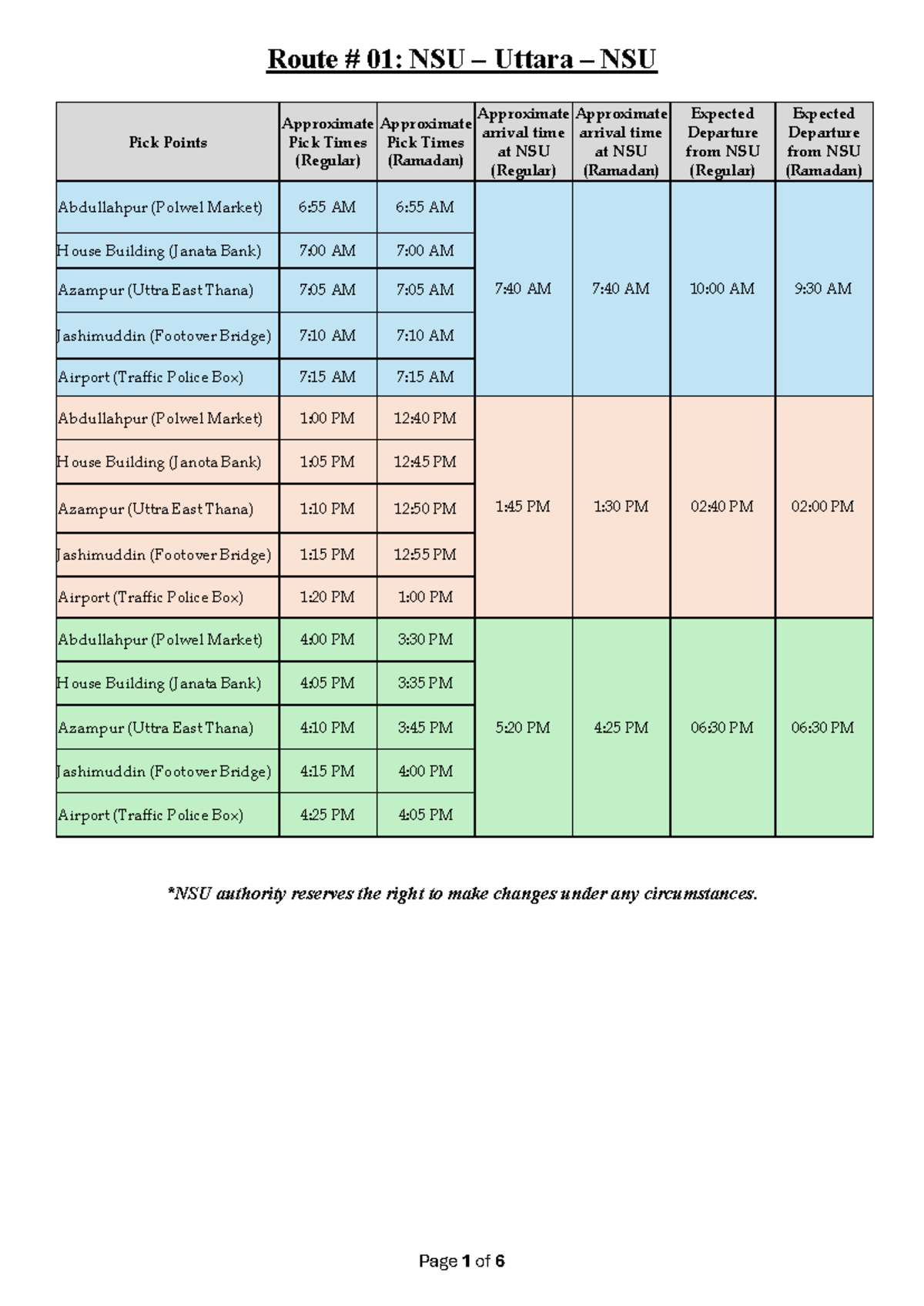 NSU Bus Schedules: Route Details for Ramadan - Studocu