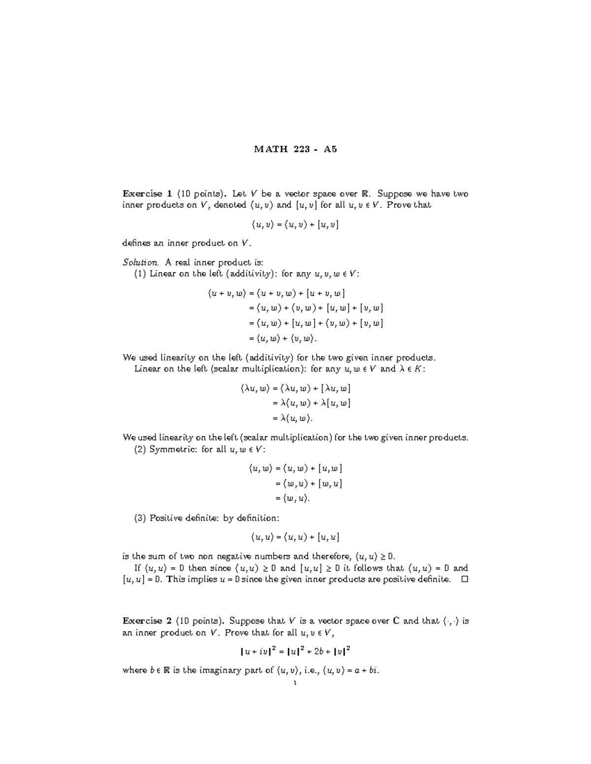 MATH 223 Winter 2026 A5 Inner Product Exercises and Solutions - Studocu