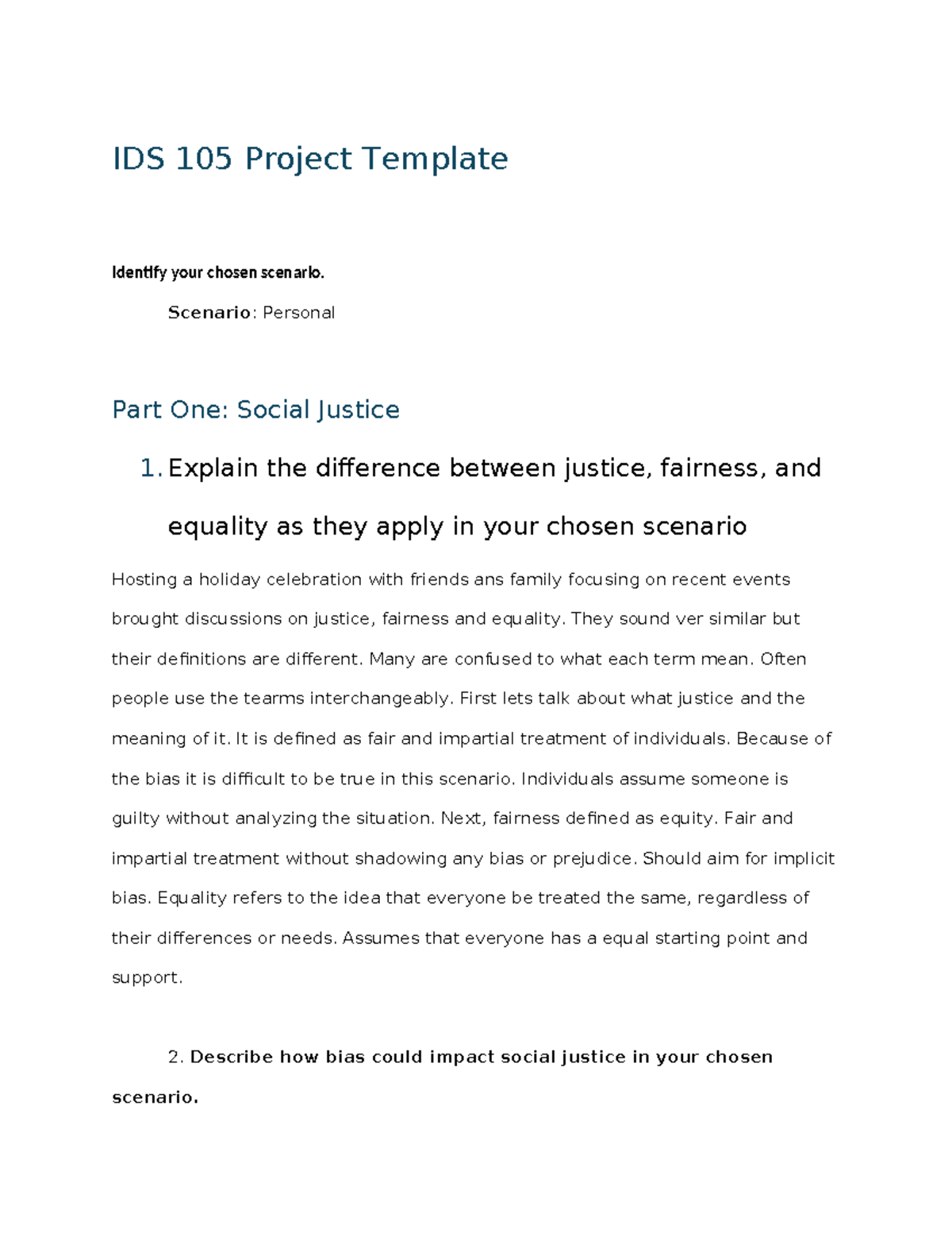 IDS 105 Project: Exploring Justice, Fairness, and Equality - Studocu