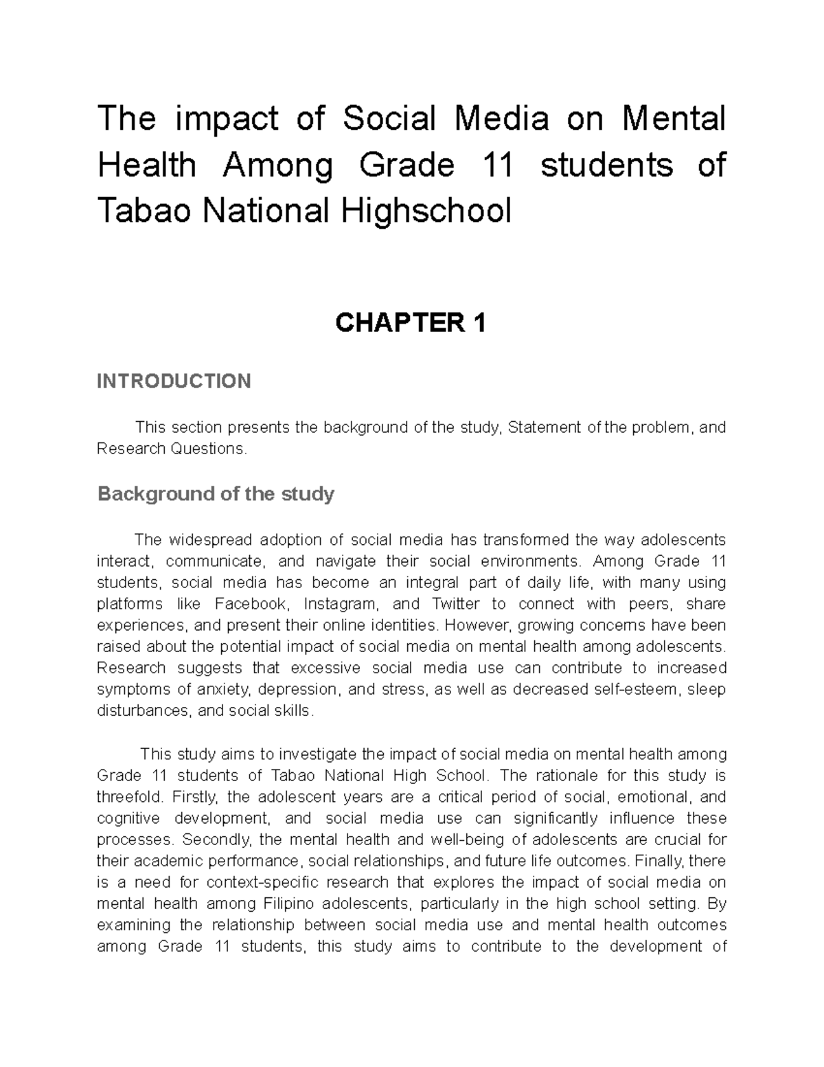PSY 101 - Impact of Social Media on Mental Health of Grade 11 Students ...