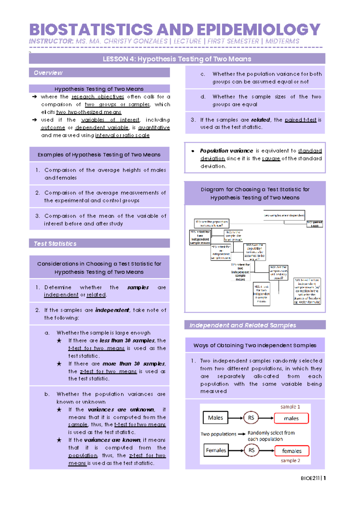 BIOE211 Midterm Lesson 4: Two Means Hypothesis Testing Guide - Studocu