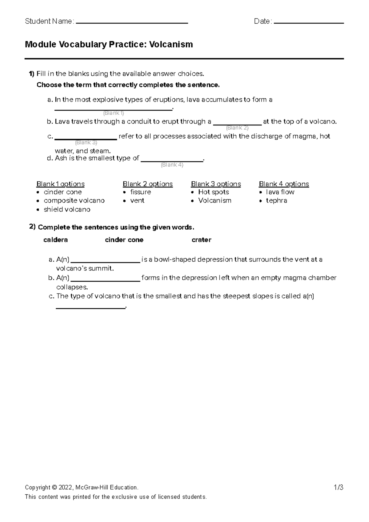 Vocabulary Practice on Volcanism - Module by Diego Martinez - Studocu