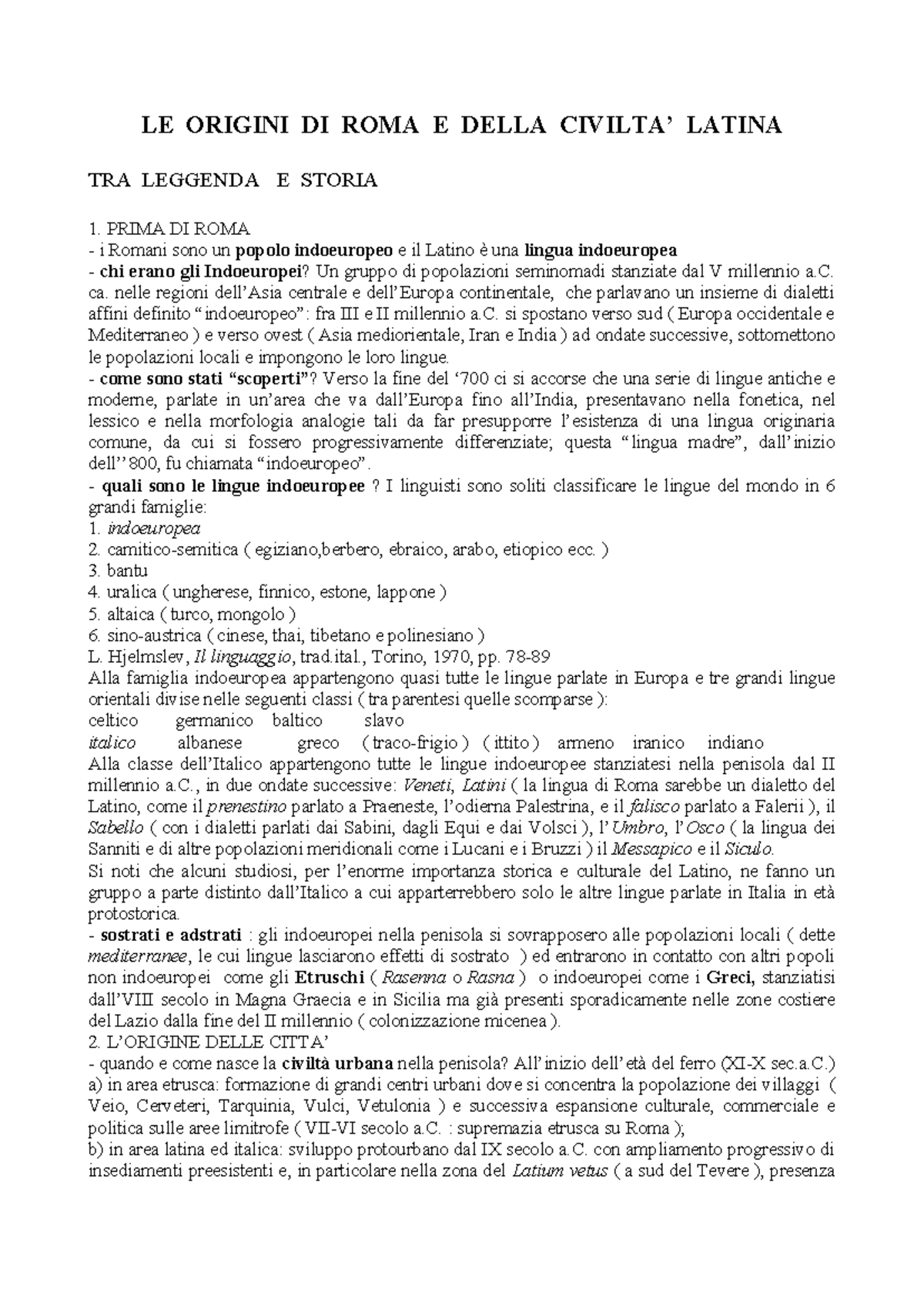 Le Origini di Roma e della Civiltà Latina: Tra Leggenda e Storia - Studocu