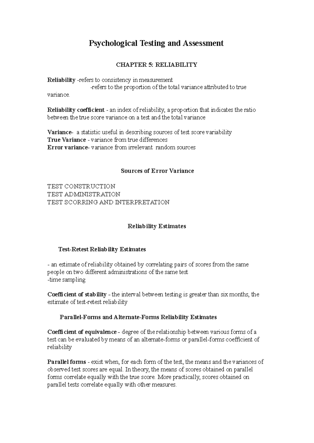 Chapter 5 Summary of Psychological Testing and Assessment (7th Ed. by ...