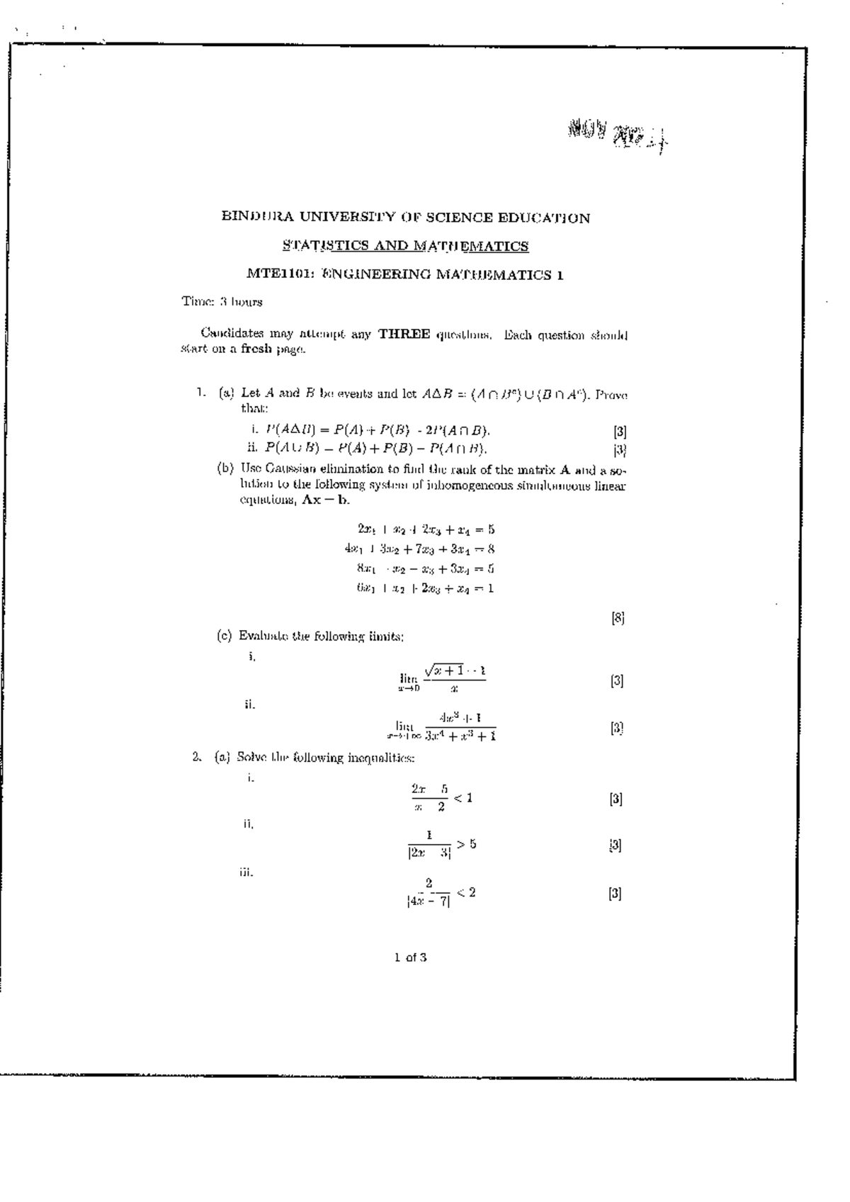 MTE1101: Engineering Mathematics Exam Questions and Solutions - Studocu