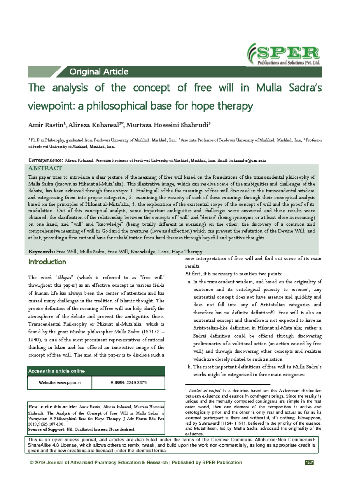 The Analysis of Free Will in Mulla Sadra's Philosophy: A Hope Therapy ...