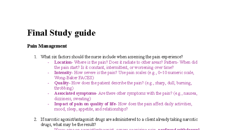 Final Study Guide for Pain Management and Related Nursing Concepts (NUR ...
