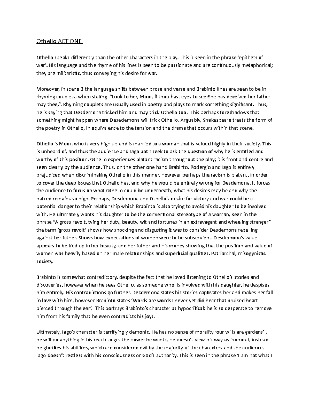 Othello Act 1 Character and Theme Analysis Notes - Studocu
