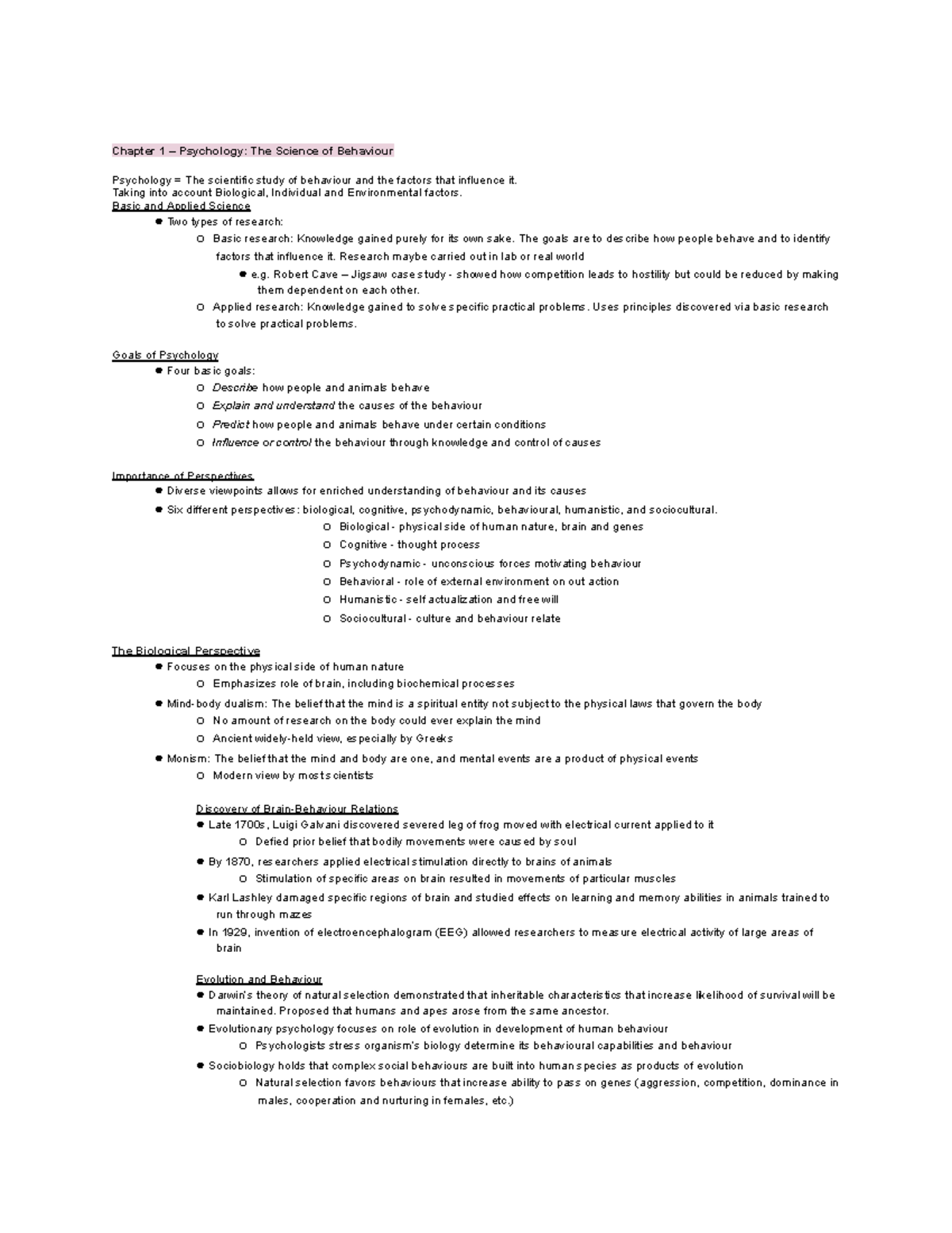 Psychology Notes - Chapter 1 – Psychology: The Science of Behaviour ...