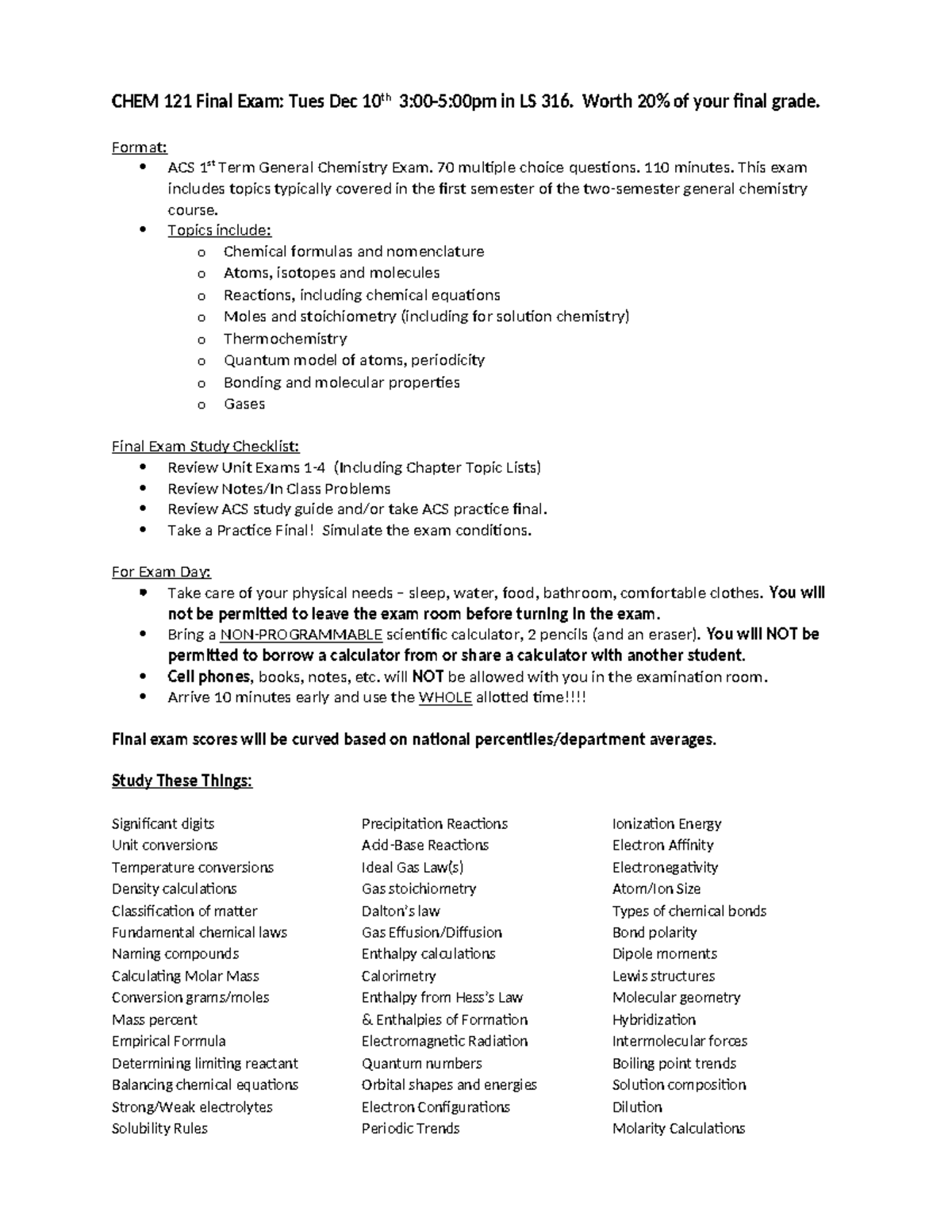 CHEM 121 Final Exam Study Guide: Key Topics & Study Tips for Success ...