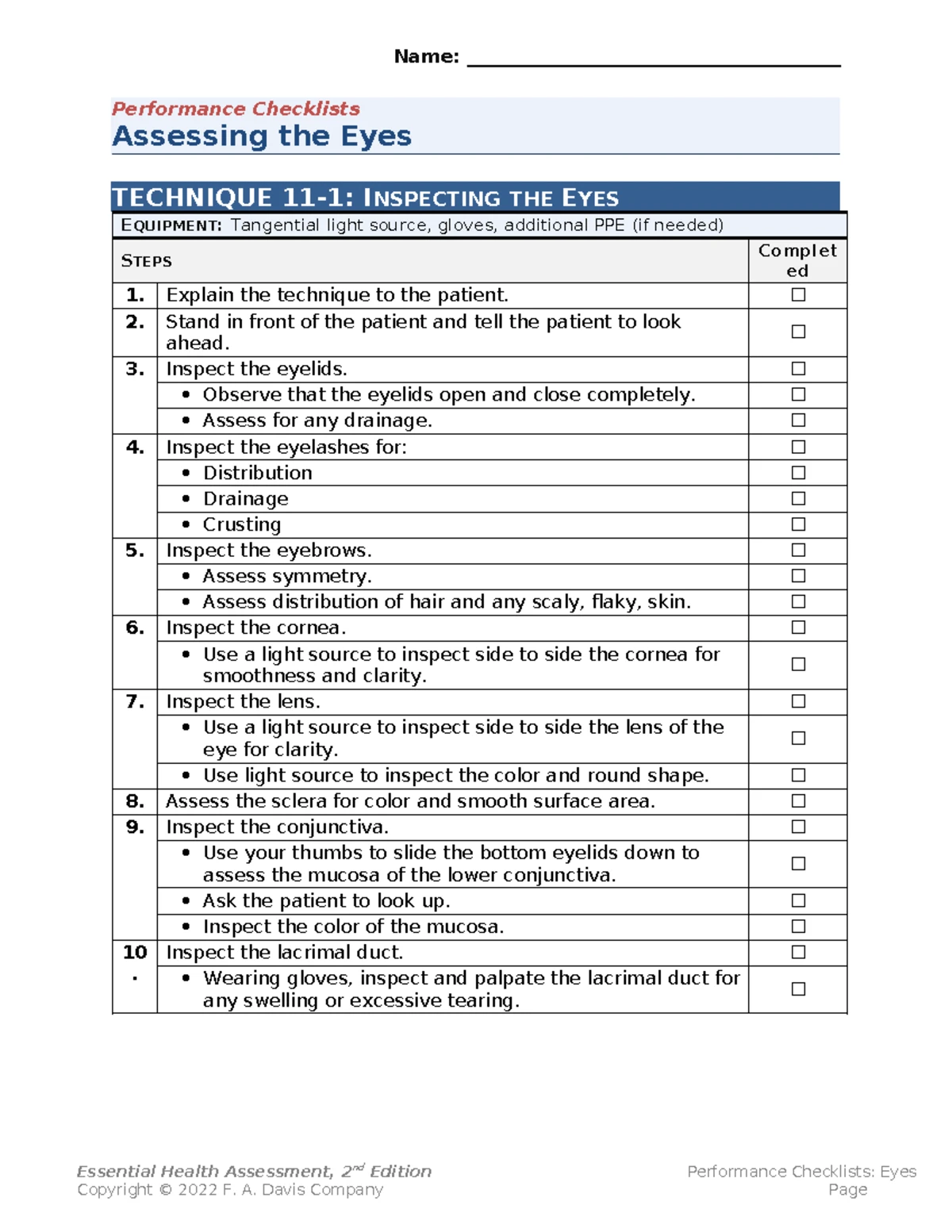 Ch10 Ears Performance Checklist: Techniques for Assessment - Studocu