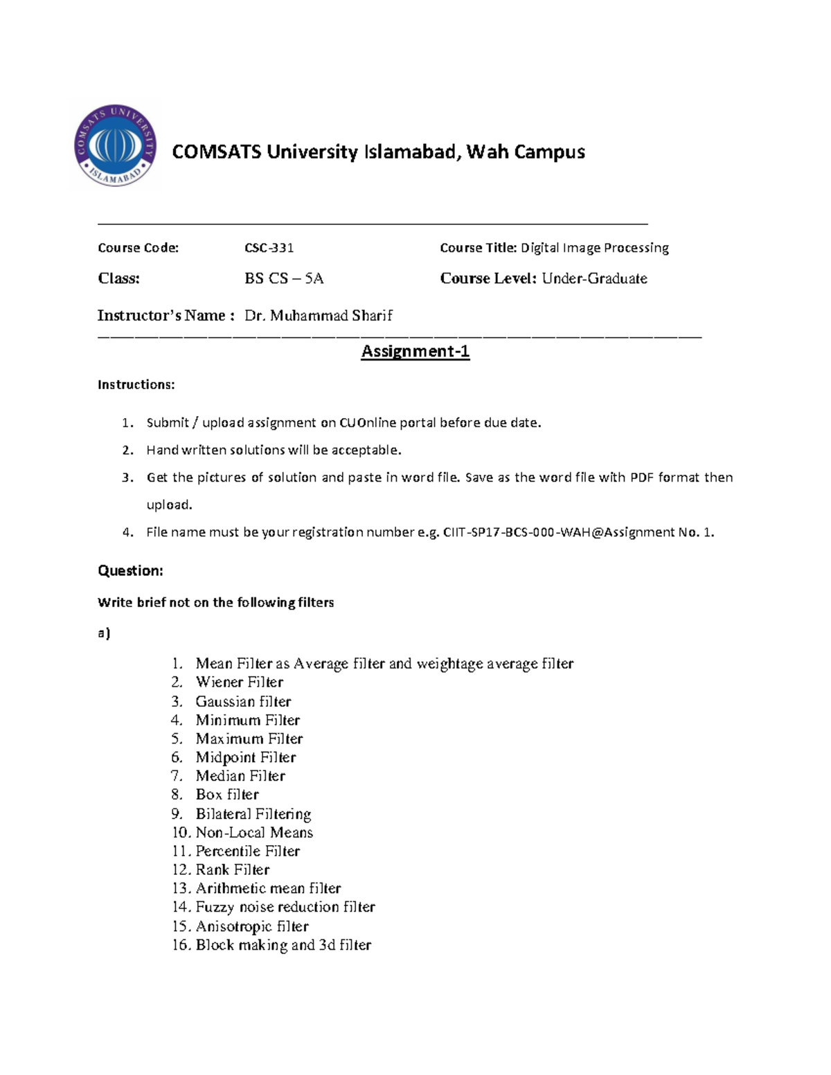 CSC-331 Digital Image Processing - Assignment 1 Lecture Notes 5 - Studocu