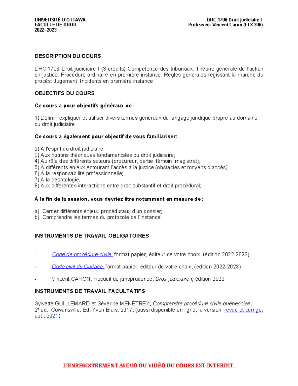 DRC 1706 Droit judiciaire I - Plan de Cours 2023 - Studocu