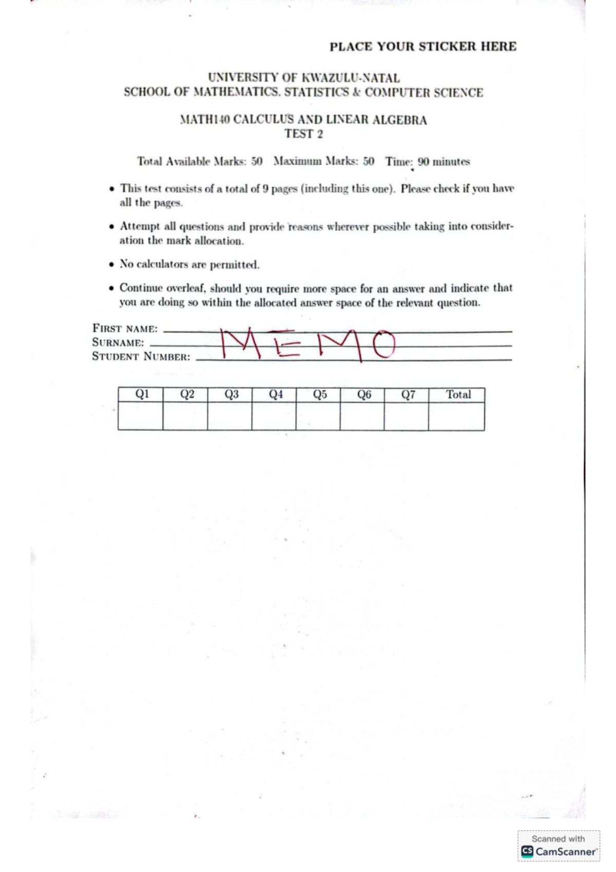 2025 MATH140 Calculus & Linear Algebra Test 2 Memo - Studocu