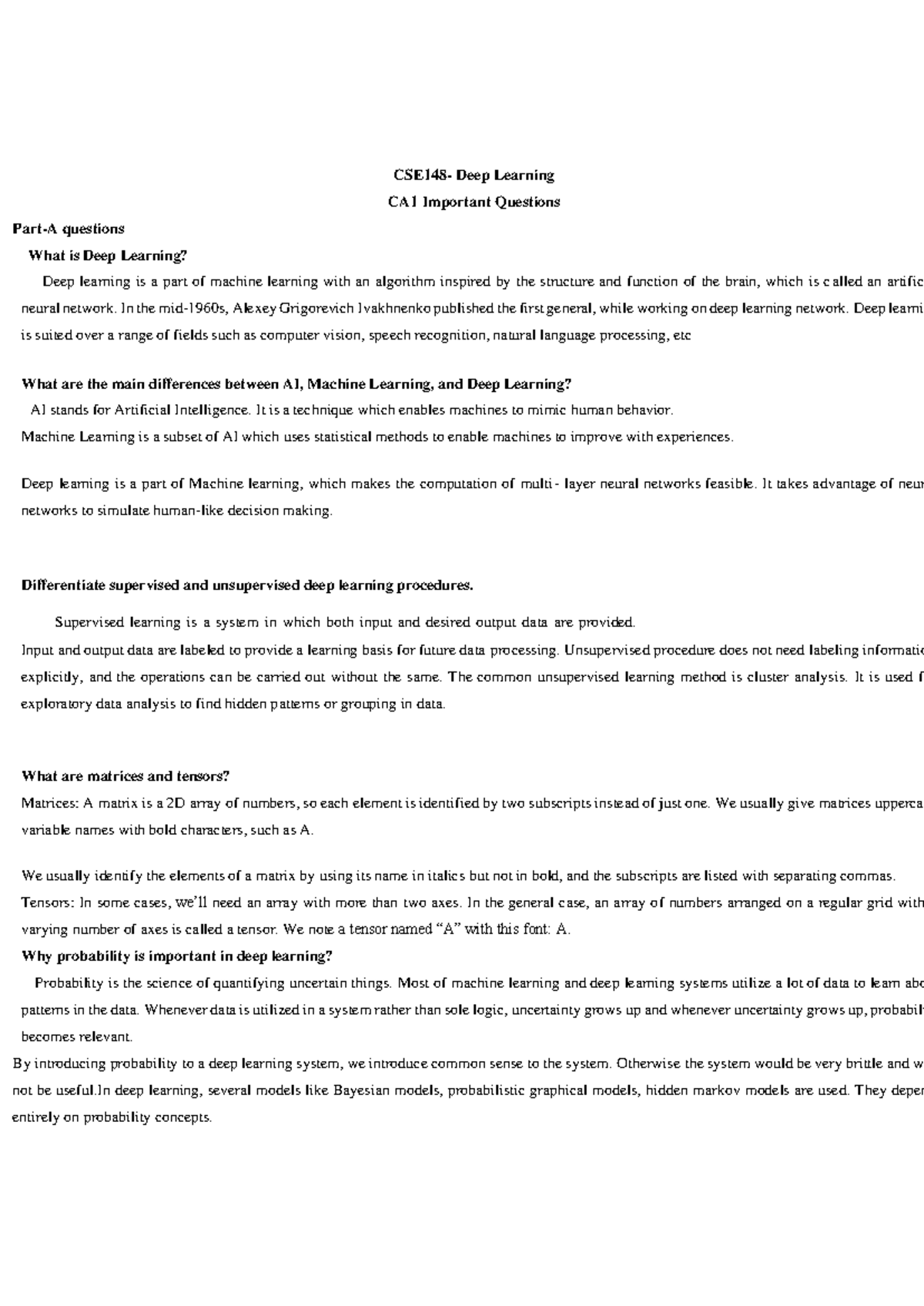 Deep Learning CA1: Key Concepts and Important Questions - Studocu