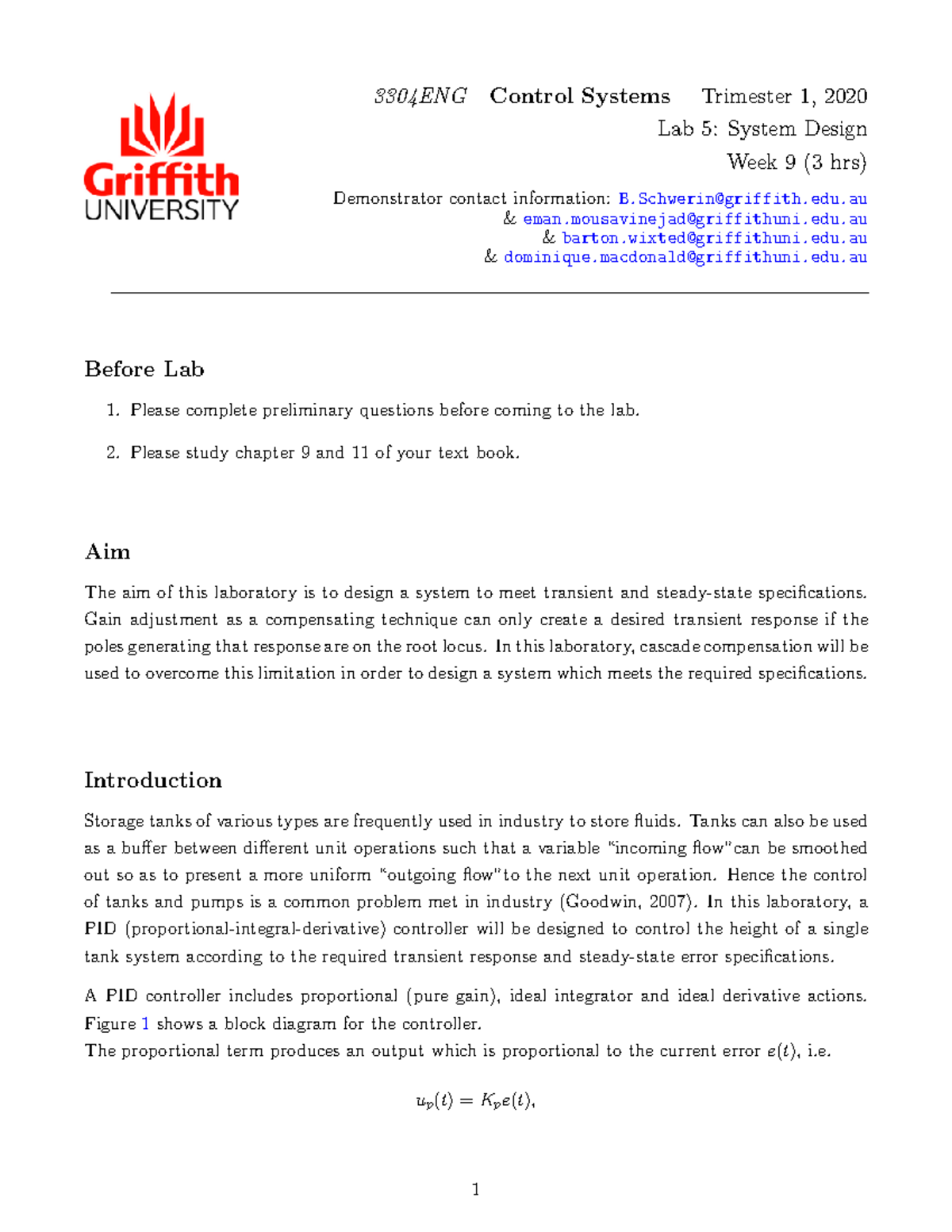 Week 9 Lab 5: System Design in Control Systems (3304ENG) - Studocu