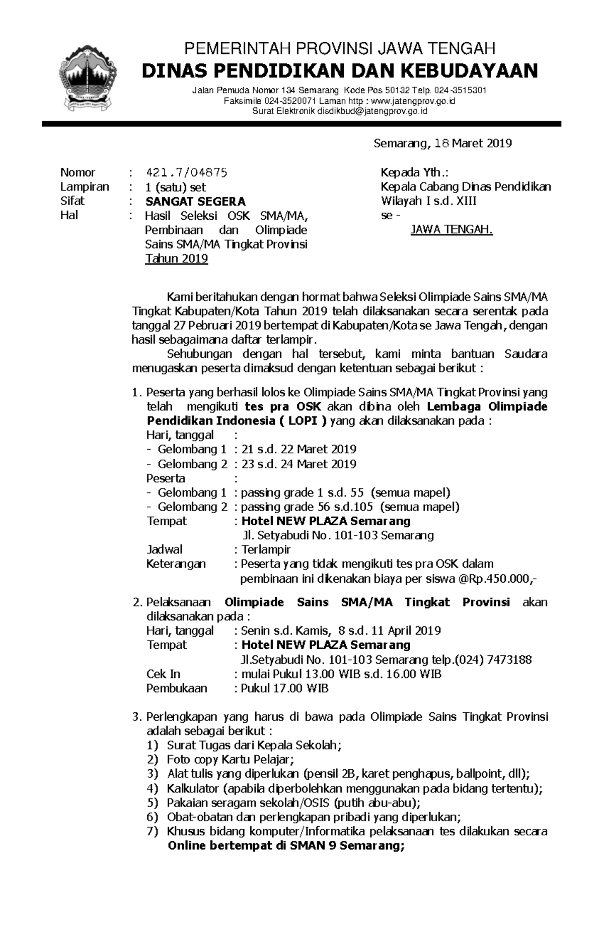 Hasil Seleksi OSK 2019 - Olimpiade Sains SMA/MA Jawa Tengah - Document Preview