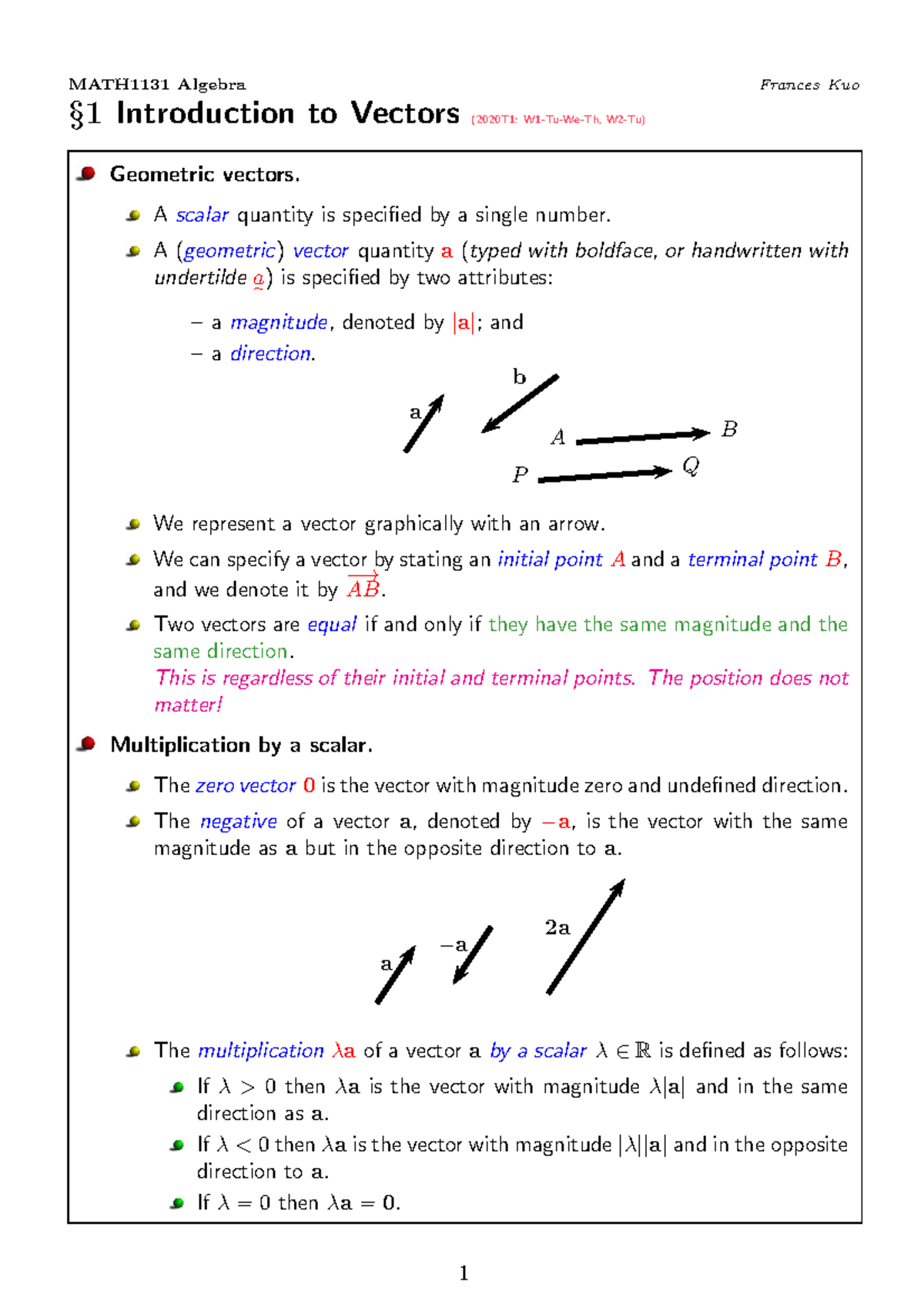 MATH1131 Lecture Notes: Introduction to Vectors Concepts - Studocu