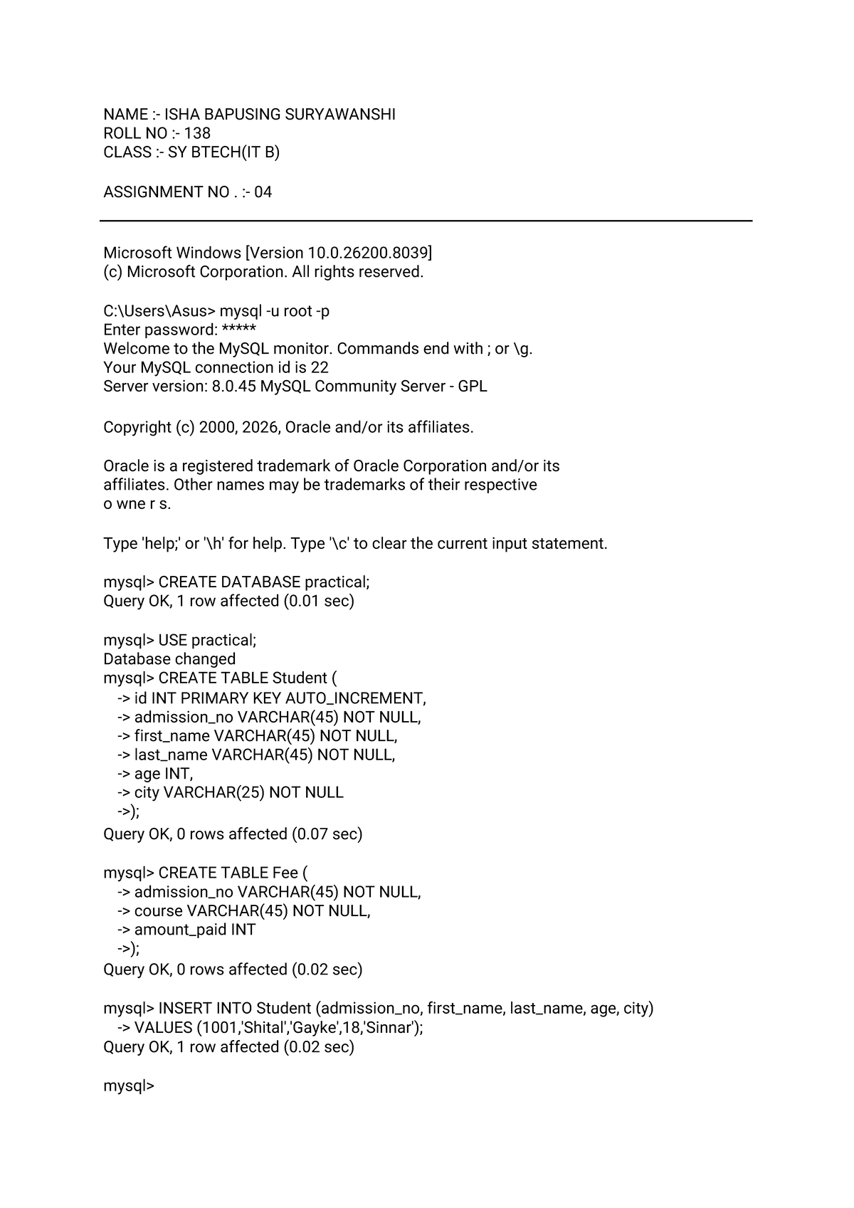 SY BTECH(IT B) Assignment 04: MySQL Database Operations - Studocu