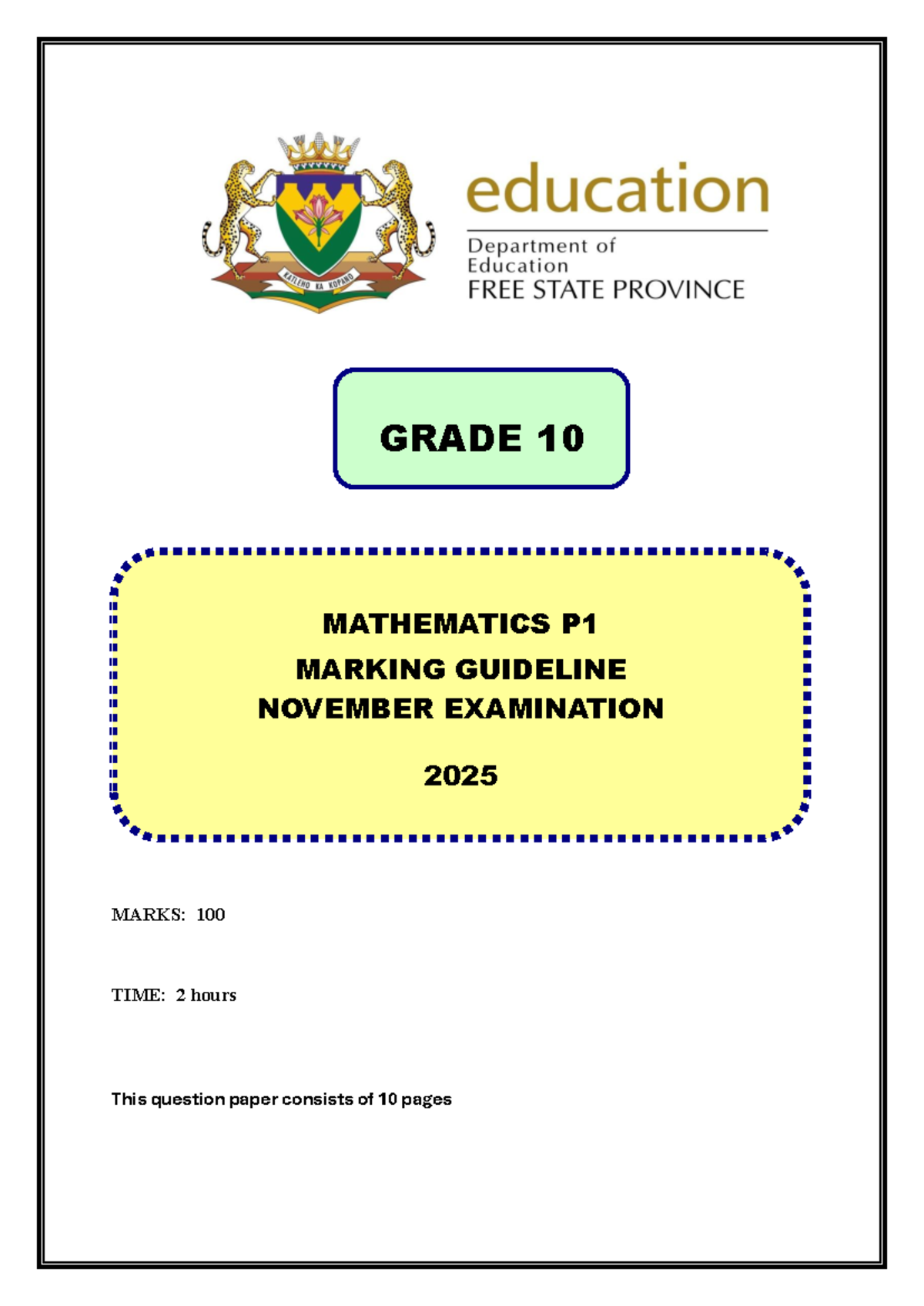 GRADE 10 MATHEMATICS P1 MARKING GUIDELINE NOVEMBER 2025 - Studocu