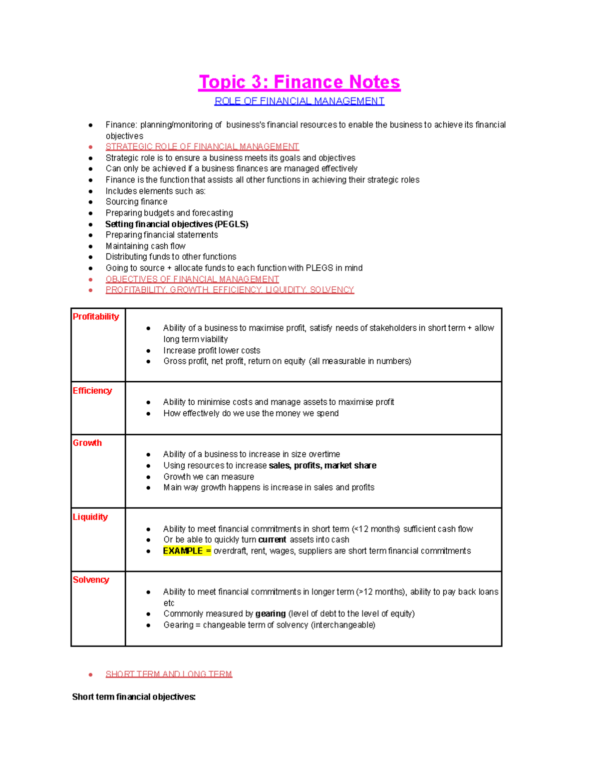 Business Finance (FINC123) Lecture Notes on Financial Management - Studocu