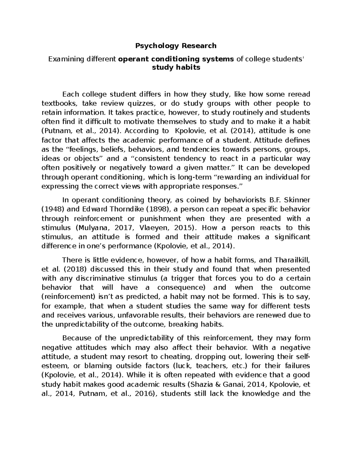 Psych 101 - Theoretical Framework: Operant Conditioning in Study Habits ...
