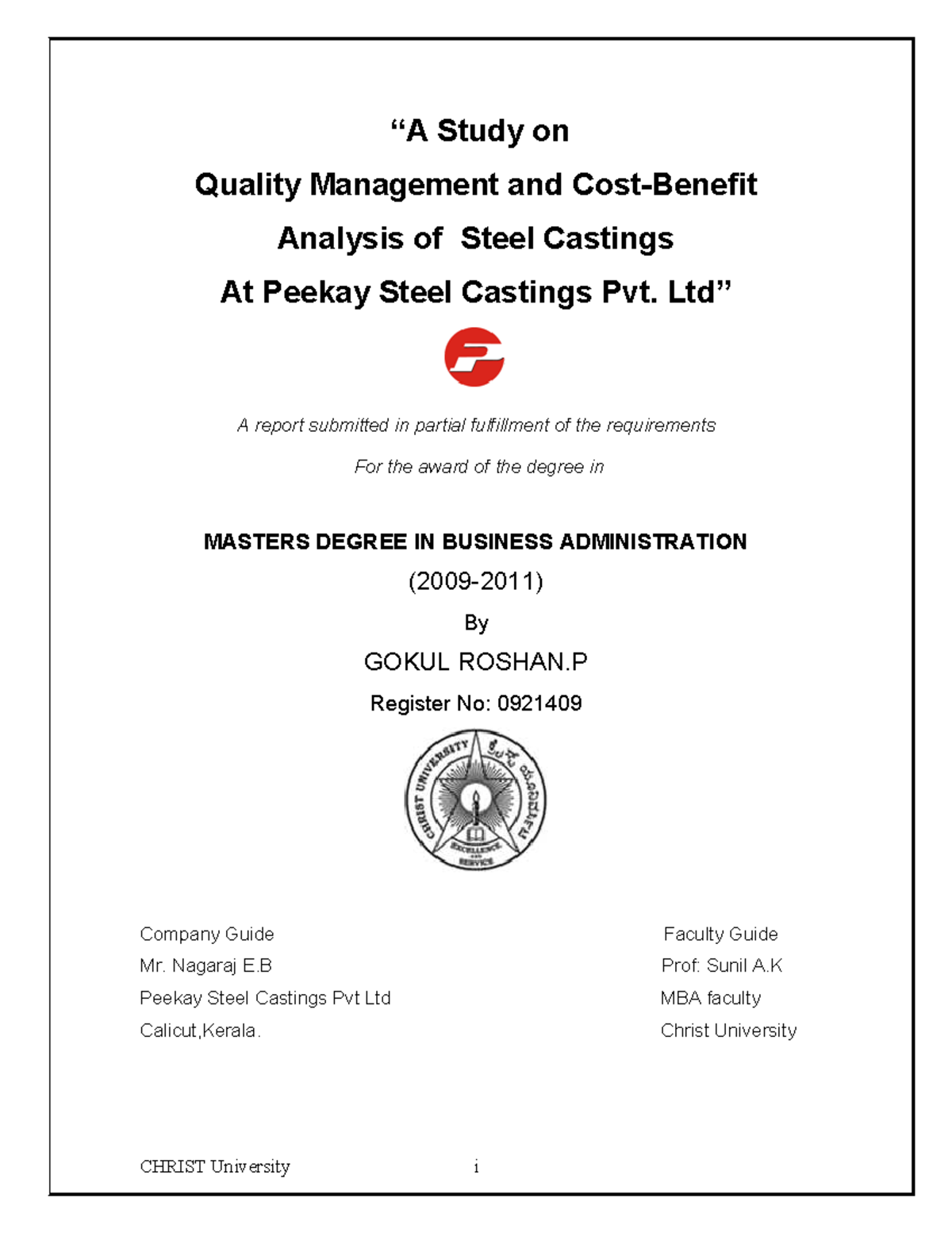 MBA Project Report: Quality Management & Analysis of Steel Castings at ...