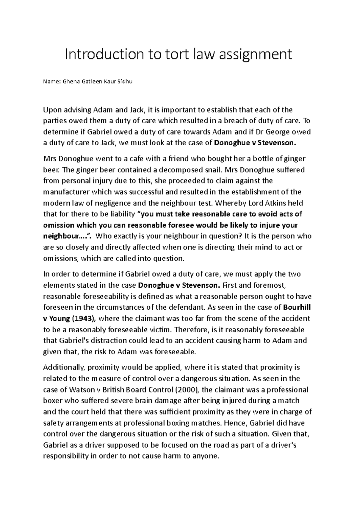 Tort law assignment: Duty of care analysis in negligence cases - Studocu