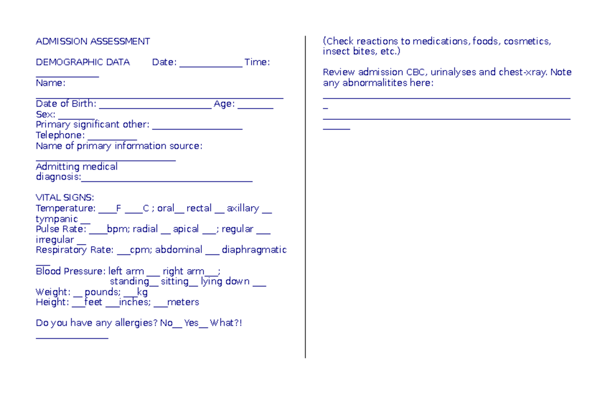 Functional Health Pattern Assessment Tool (Gordon's) - Admission Notes ...