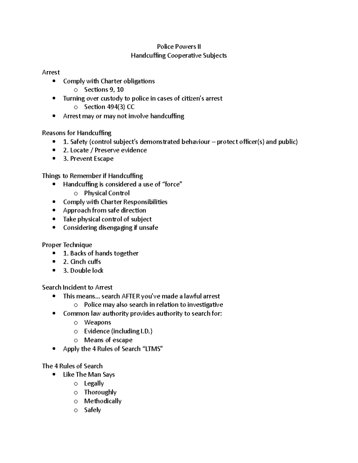Handcuffing Cooperative Subjects - Police Powers II Handcuffing ...