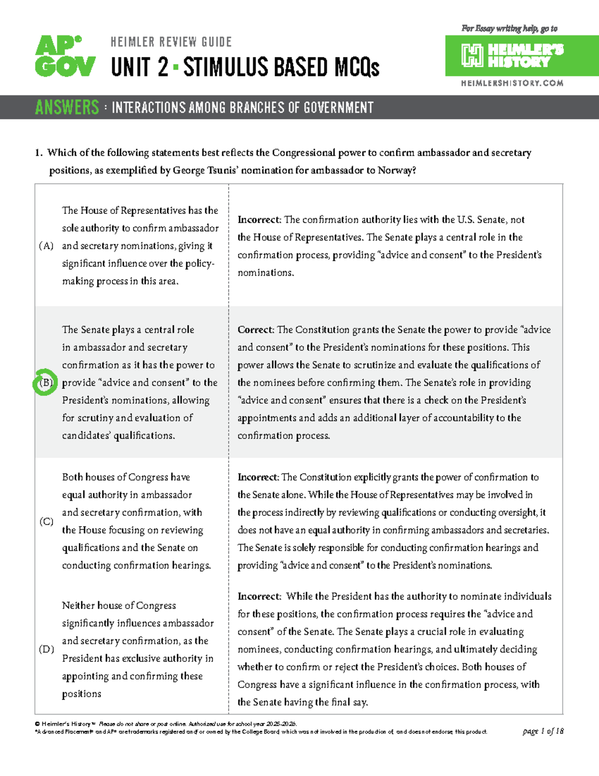 AP GOV HRG Unit 2 MCQ Answers: Interactions Among Government Branches ...