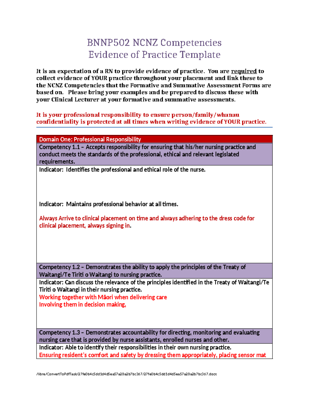 BNNP502 Evidence of Practice Template for NCNZ Competencies - Studocu