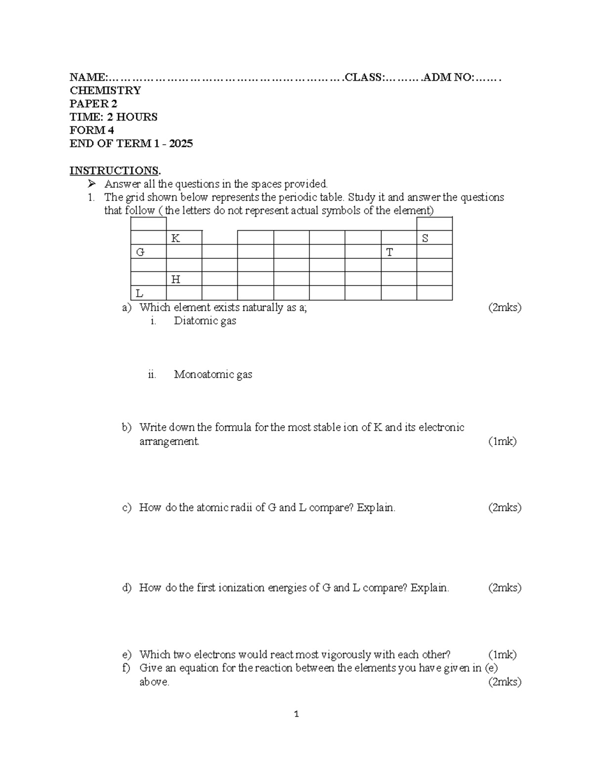Chemistry F4 End of Term 1 Paper 2 Questions 2025 - Studocu