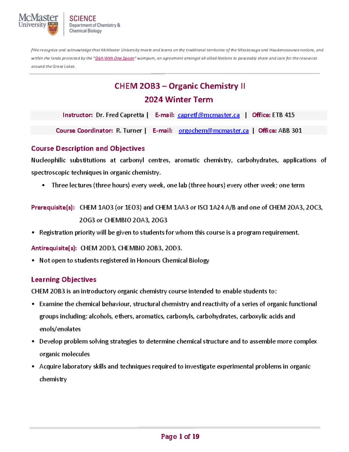 CHEM 2OB3 Organic Chemistry II Course Outline Winter 2024 - Studocu