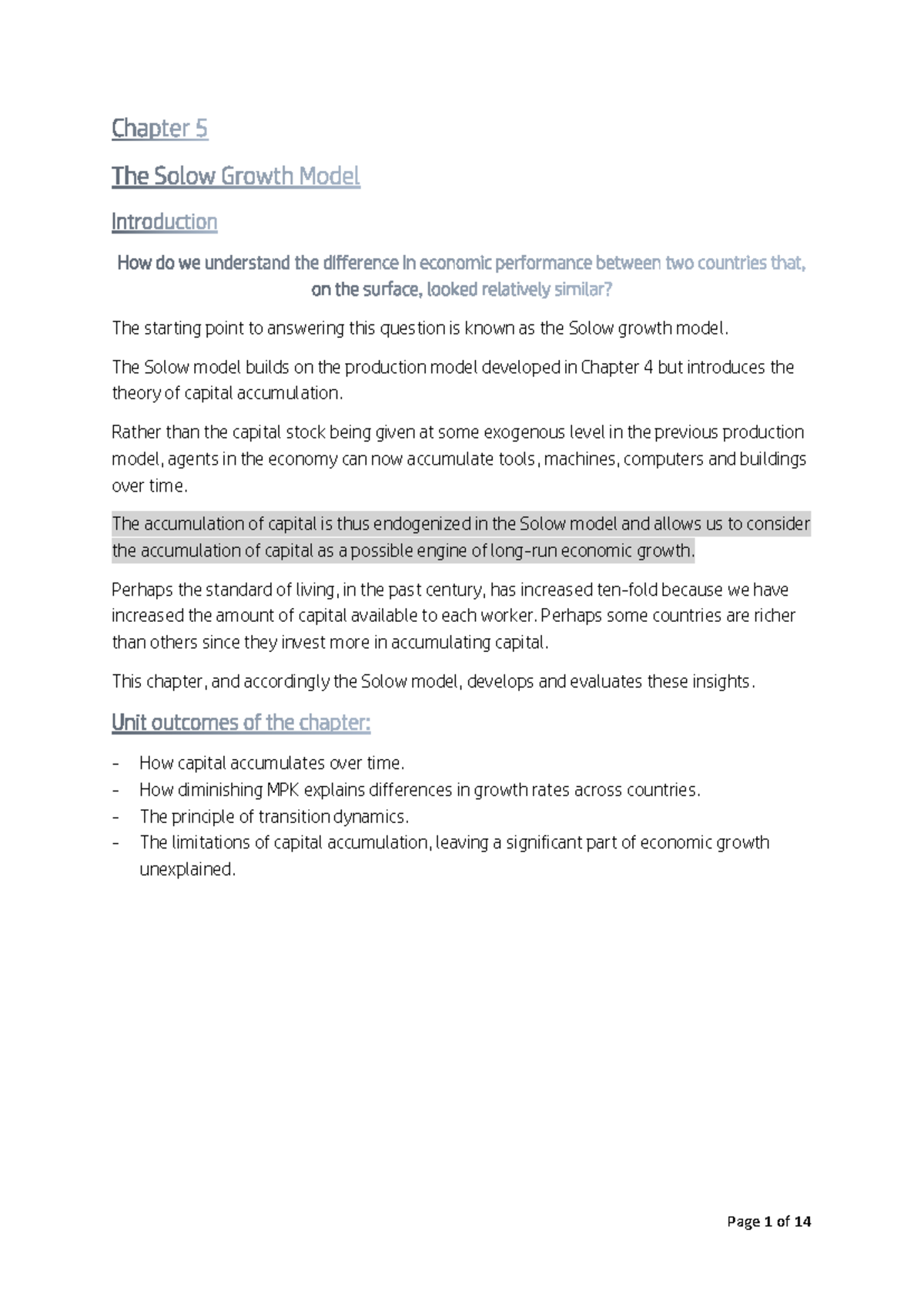 EKN 214 Chapter 5 Notes - Insights on the Solow Growth Model - Studocu