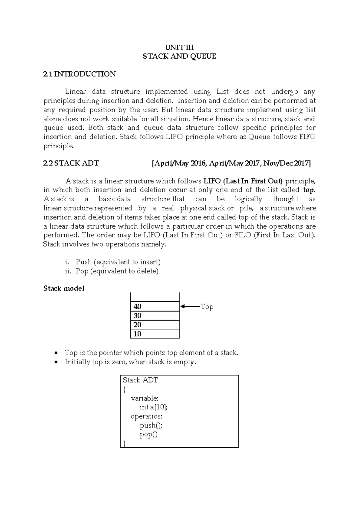Unit 3: Stack and Queue - Concepts and C Implementation - Studocu