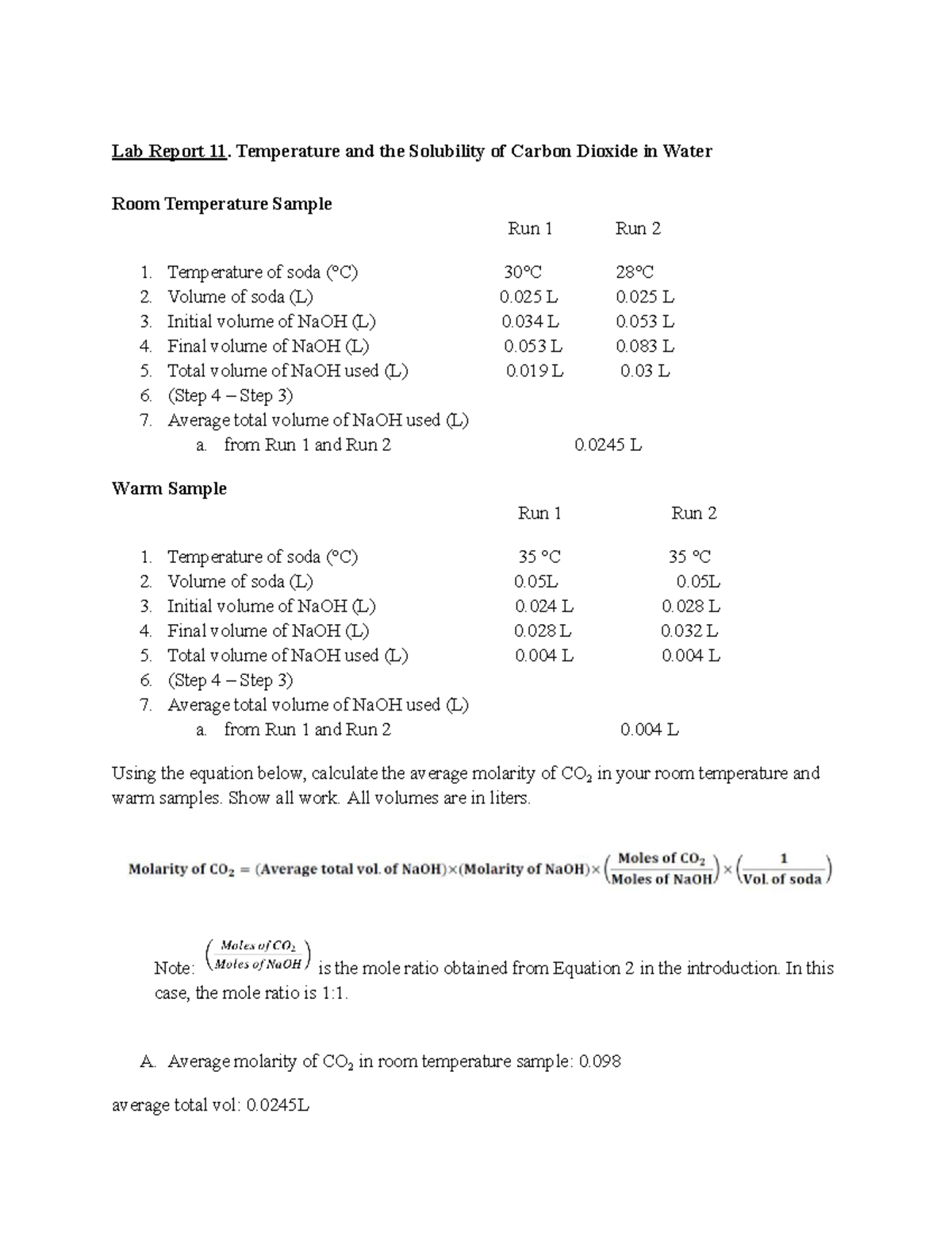 Lab Report 11 - Lab Report 11. Temperature and the Solubility of Carbon ...