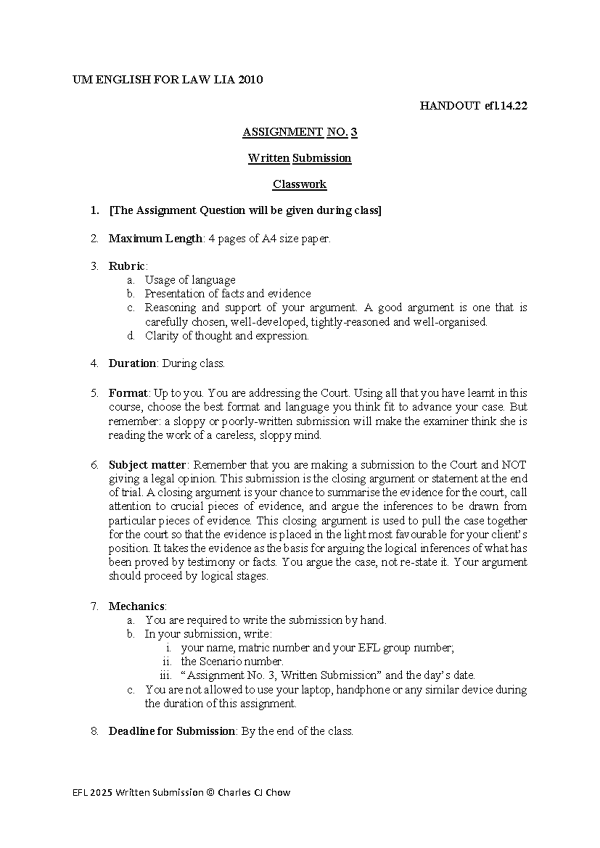 UM EFL FOR LAW LIA 2010 ASSIGNMENT NO. 3 CLOSING ARGUMENT HANDOUT - Studocu