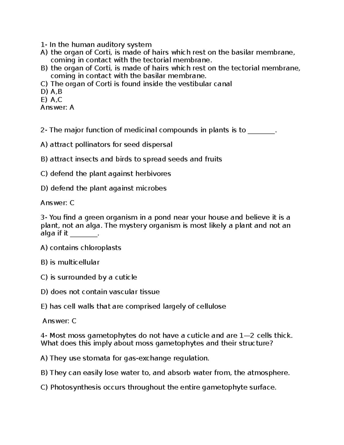 BIOL 202 Final Exam Study Guide: Auditory System & Plant Biology - Studocu