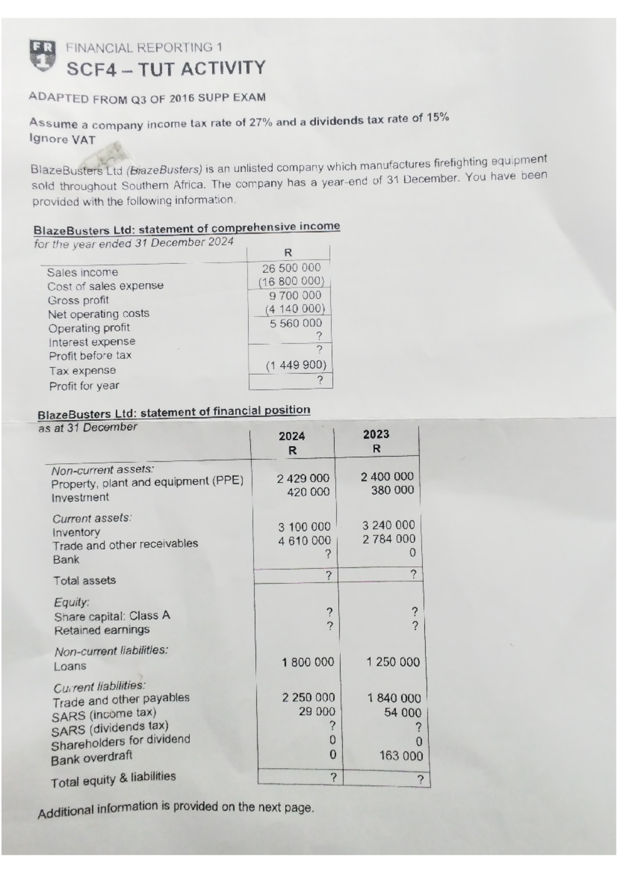 FR 1 activity 2 - FR FINANCIAL REPORTING 1 SCF4 TUT ACTIVITY ADAPTED ...