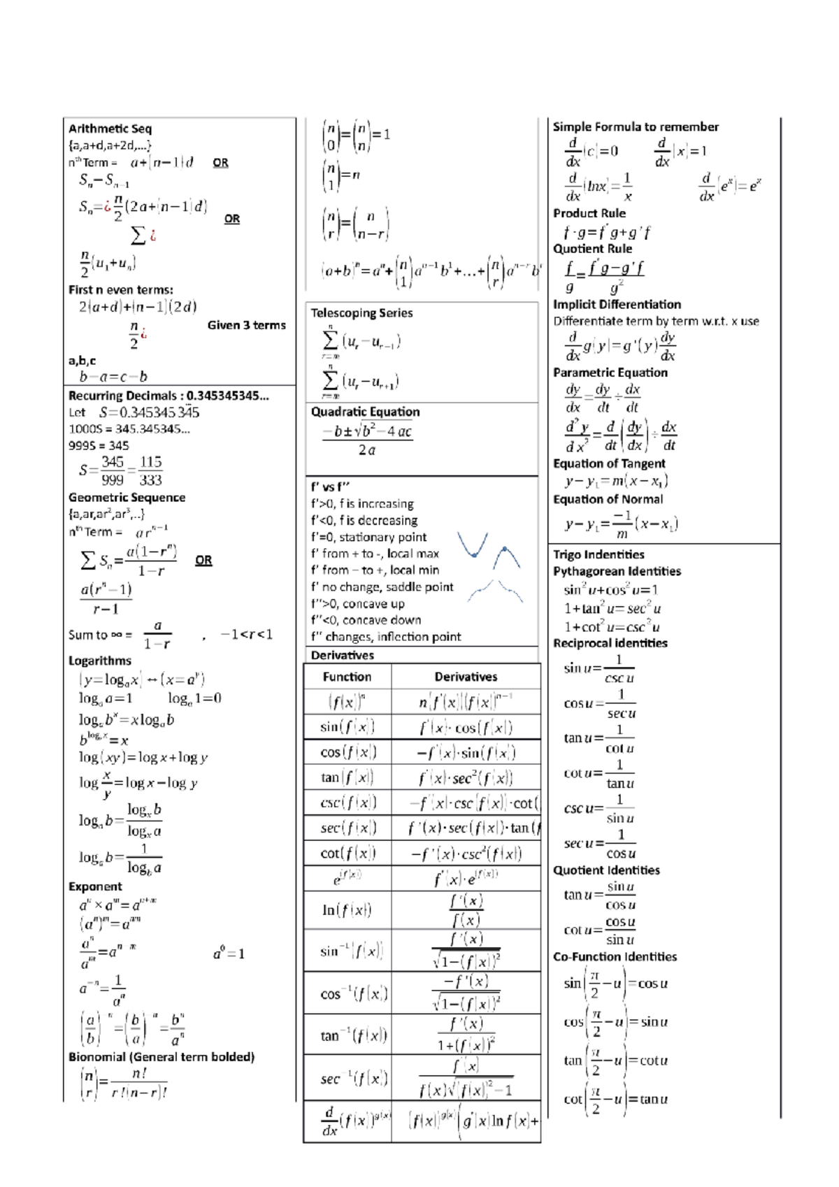 Maths Formula Sheet for Quick Reference - Studocu
