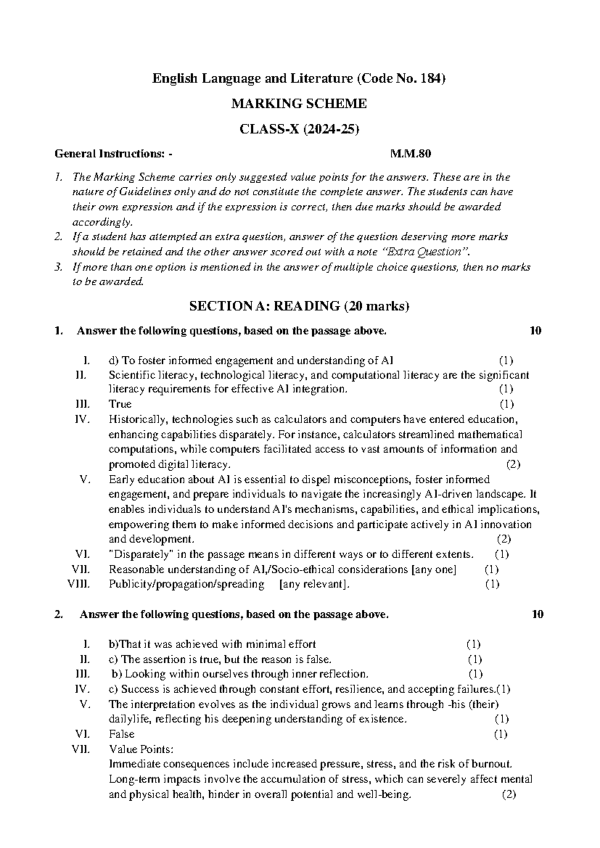 Marking Scheme for English Language and Literature (Code No. 184) - Studocu