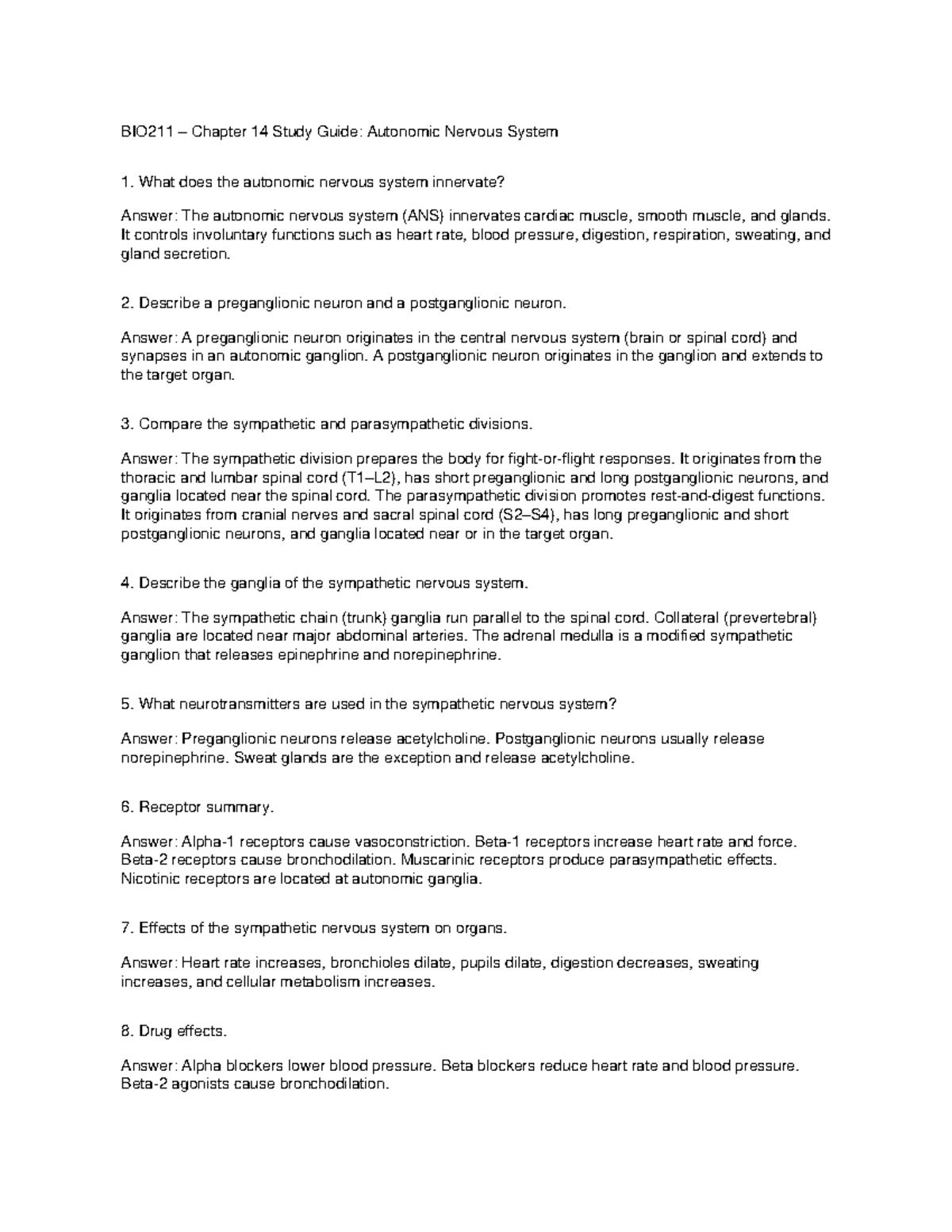 BIO211 Chapter 14 Study Guide: Autonomic Nervous System Overview - Studocu