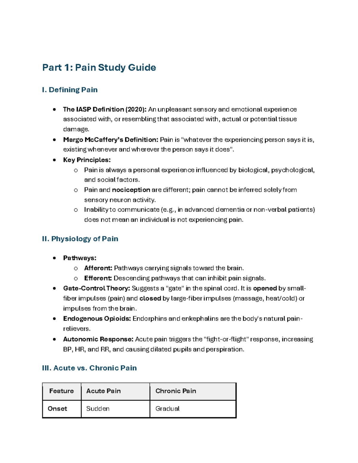 Part 1: Pain Study Guide (Nursing 101) - Definitions & Management - Studocu