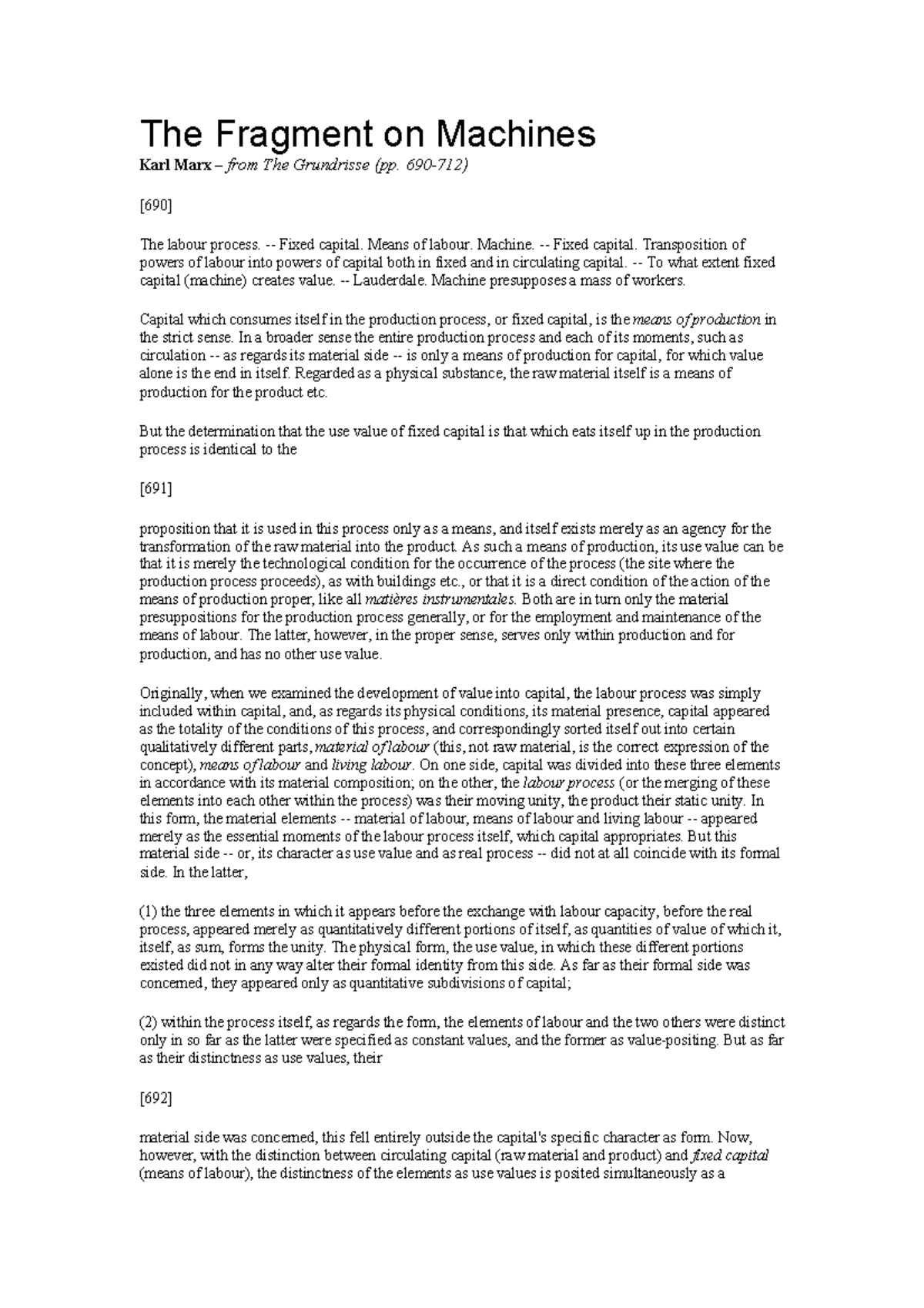 The Fragment on Machines: Marx's Analysis of Fixed Capital and Labour ...
