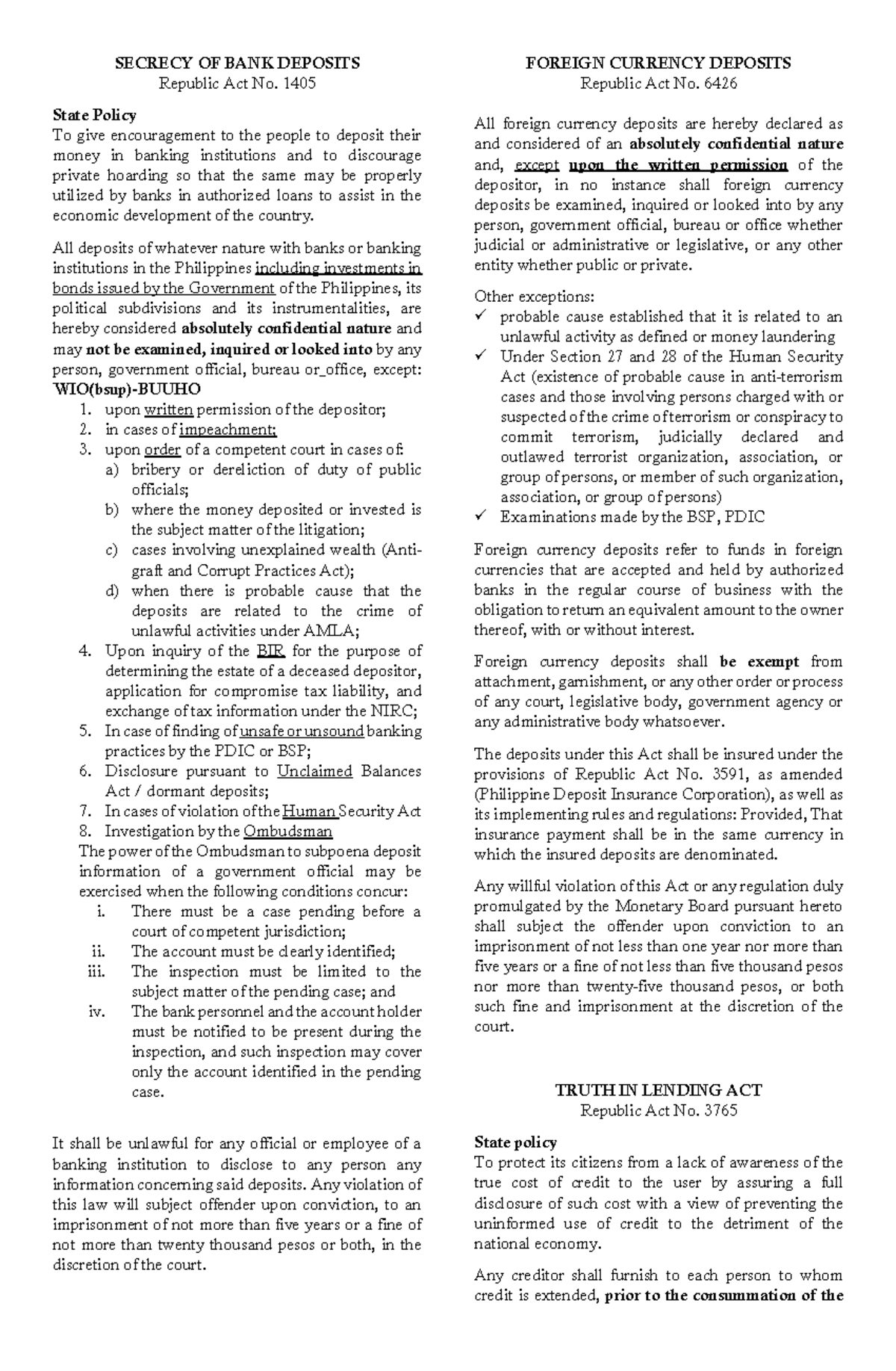 Banking Notes: Secrecy of Deposits & Related Laws (R.A. 1405, 6426 ...