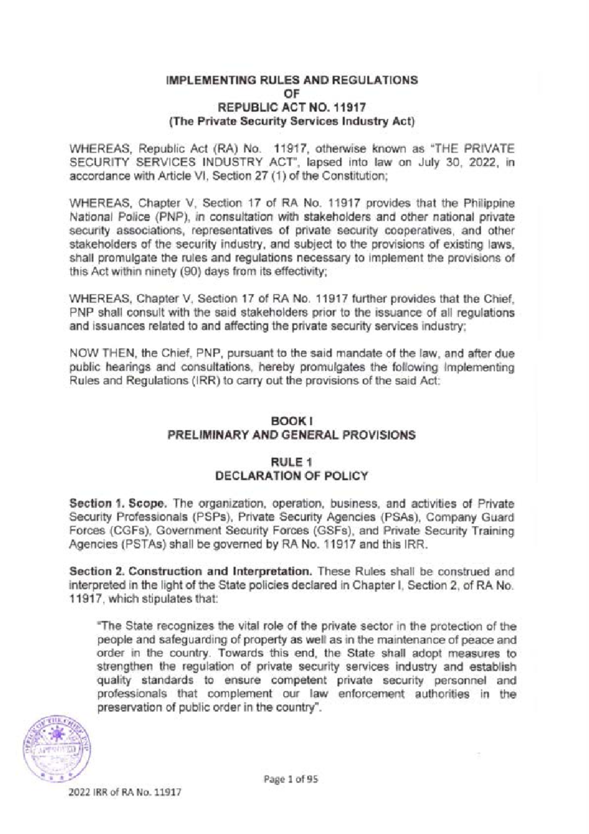 IRR of RA 11917: Implementing Rules for Private Security Services - Studocu